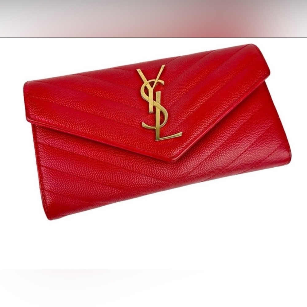 Authentic Saint Laurent Monogram Cassandre Wallet Red Grain de Poudre Leather